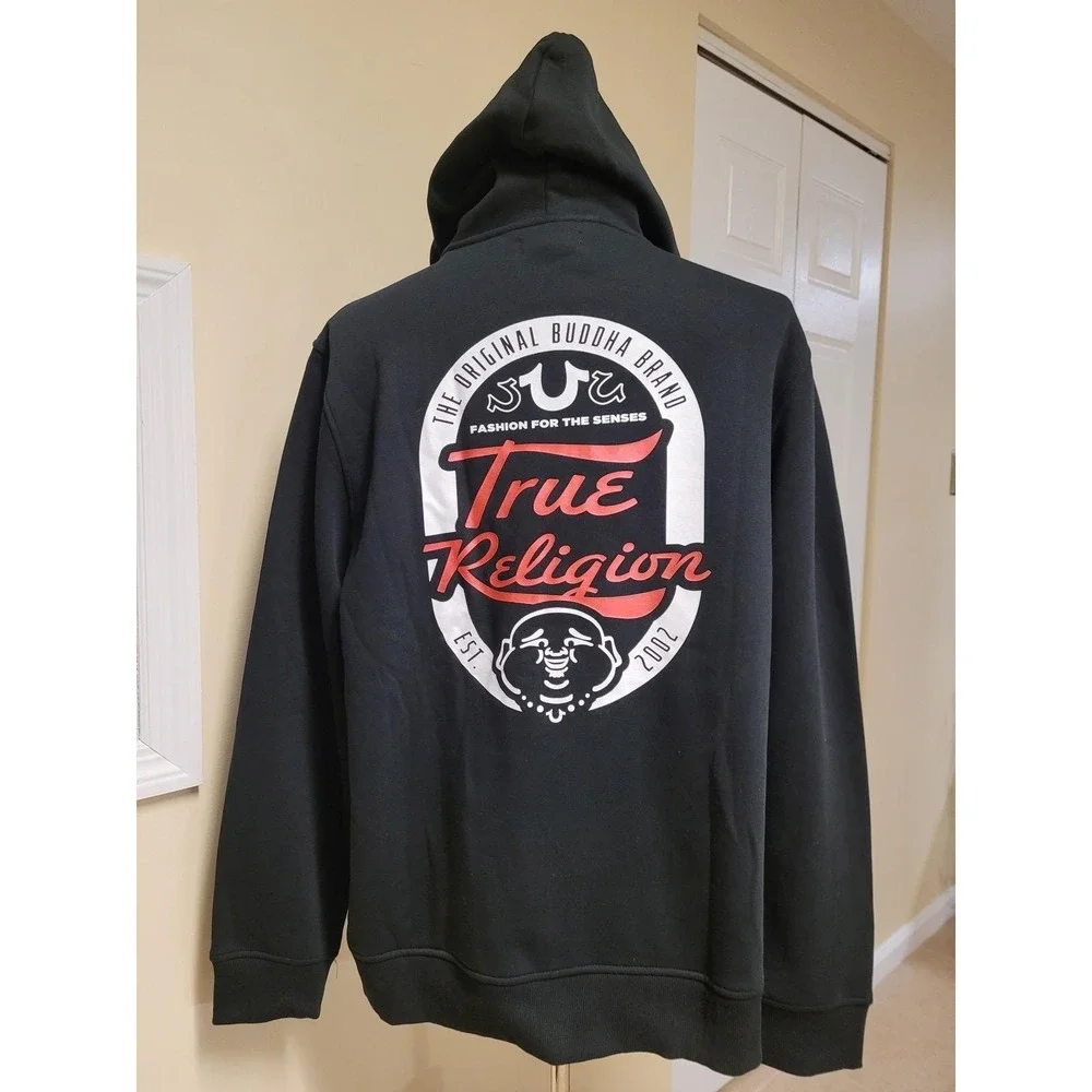True Religion Script Oval Zip Fleece Hoodie Mens Black Graphic Buddha Size XXL‎